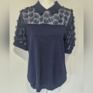 Draper James Chic Navy Floral Appliqué Collared Blouse Womens Size XL